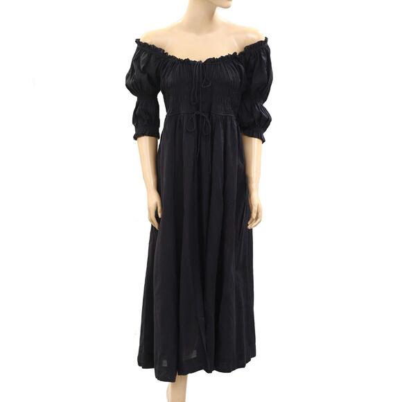 Doen Ischia Maxi Dress Smocked Puff Sleeve Solid Ruffle Badydoll Navy S 275610 - Picture 12 of 15